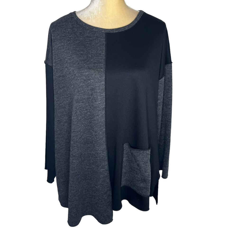 IC by Connie K Black Gray Colorblock Tunic Top Artsy Boxy Size Large